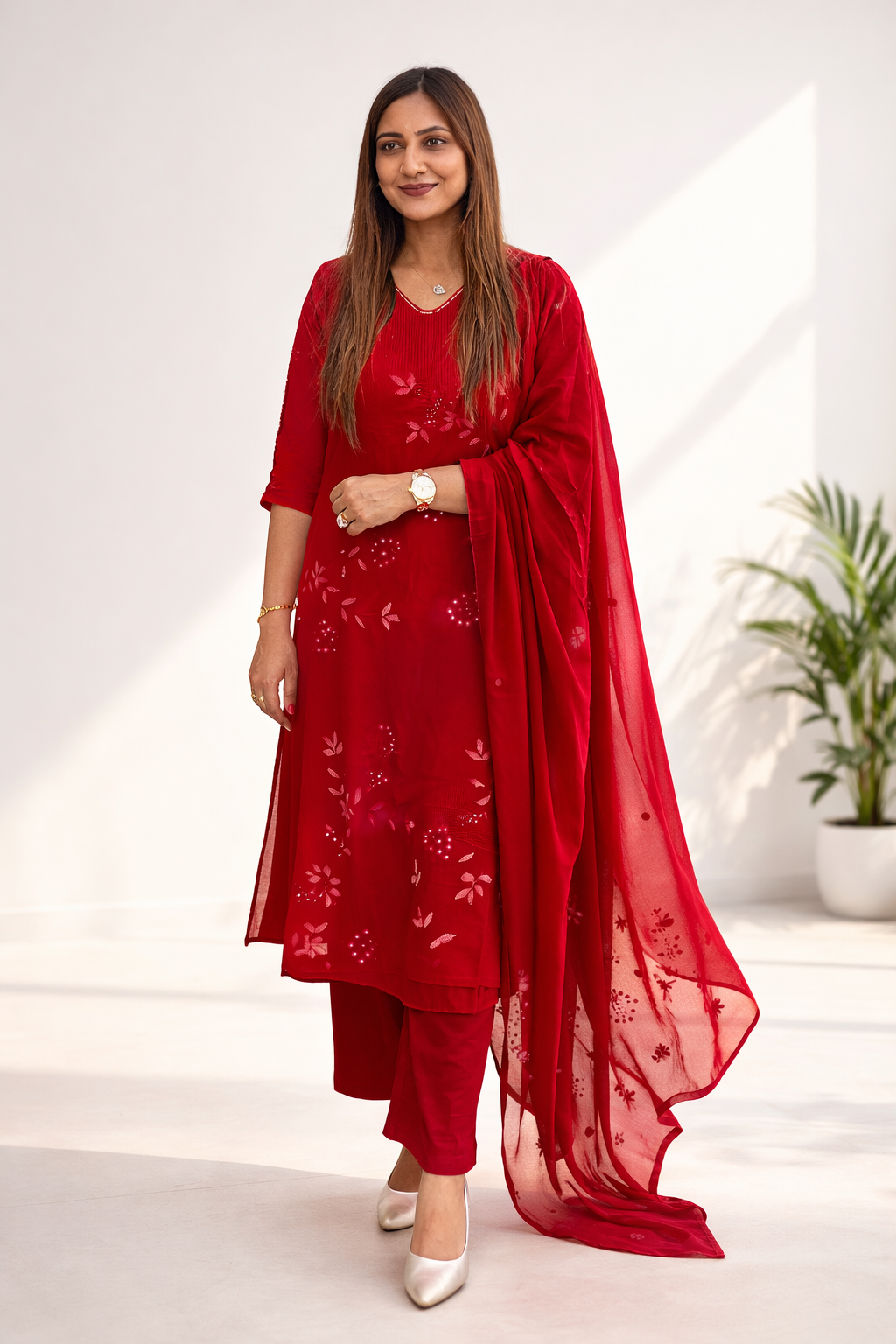Elegant Red Embroidered Suit Set with Dupatta