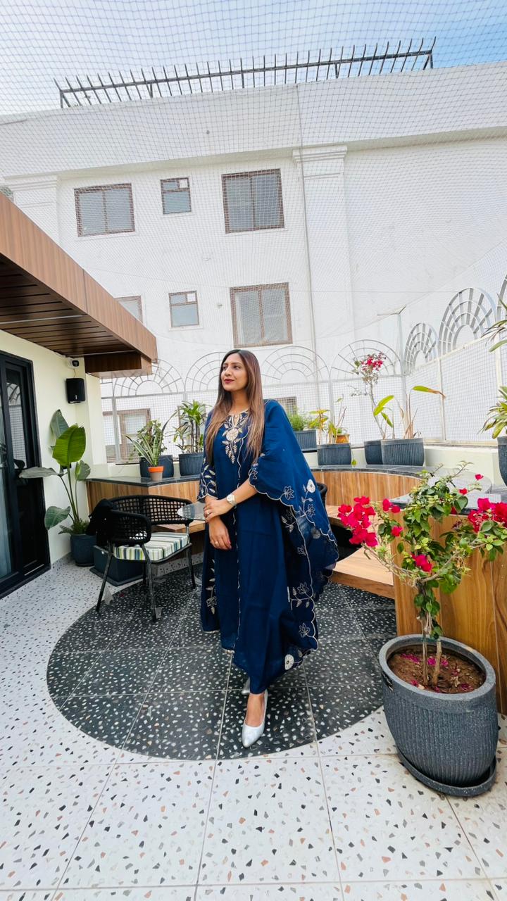 Navy Blue Embroidered Anarkali Suit Set