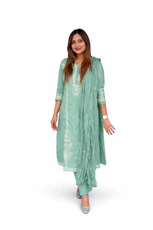 Sea Green Embroidered Cotton Suit Set with Dupatta