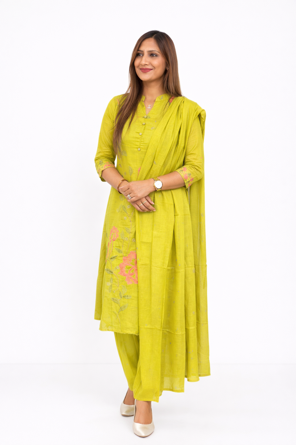Lime Green Floral Suit Set with Dupatta