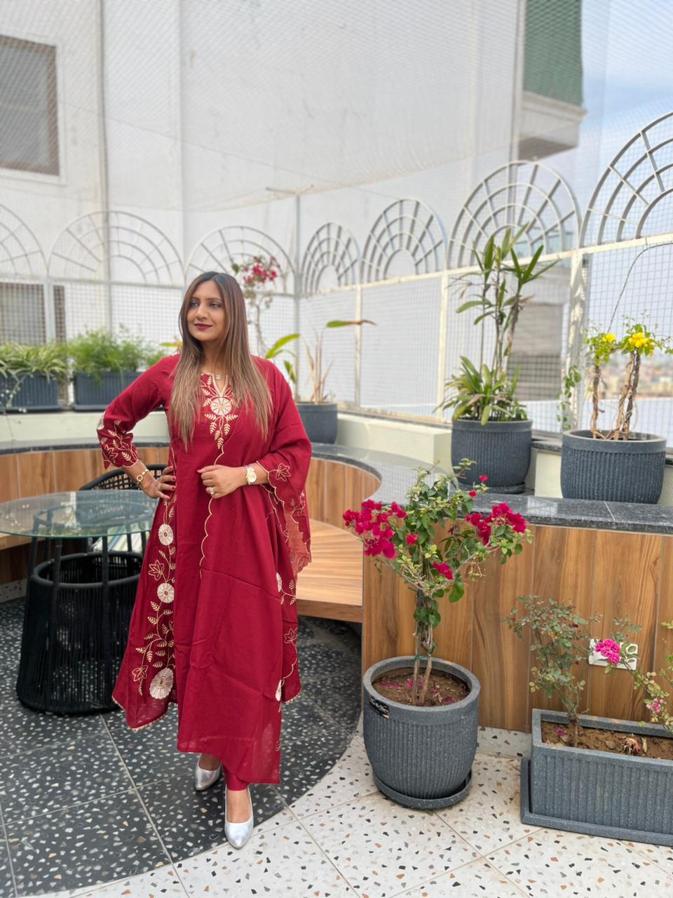 Wine Red Embroidered Anarkali Suit Set