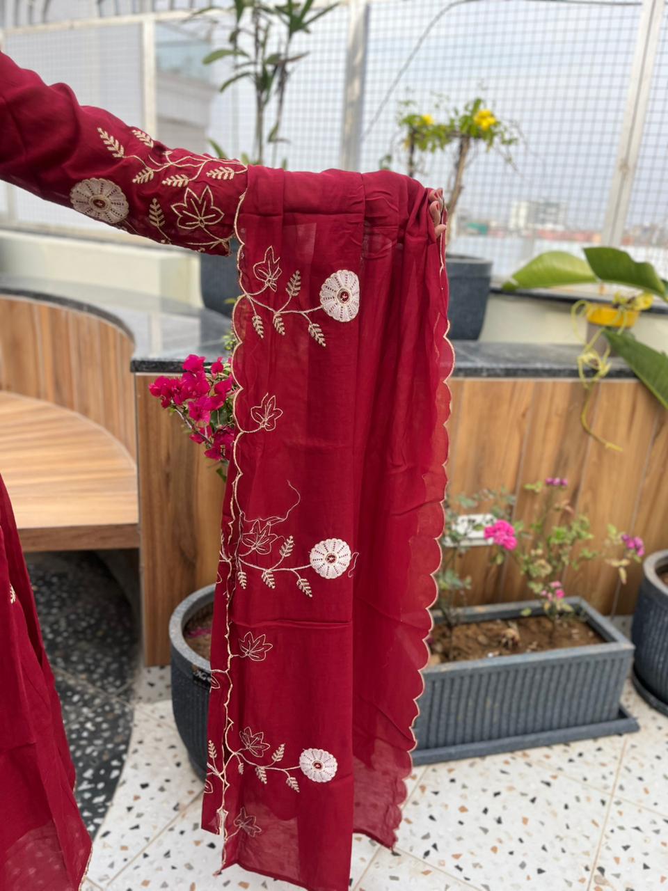 Wine Red Embroidered Anarkali Suit Set