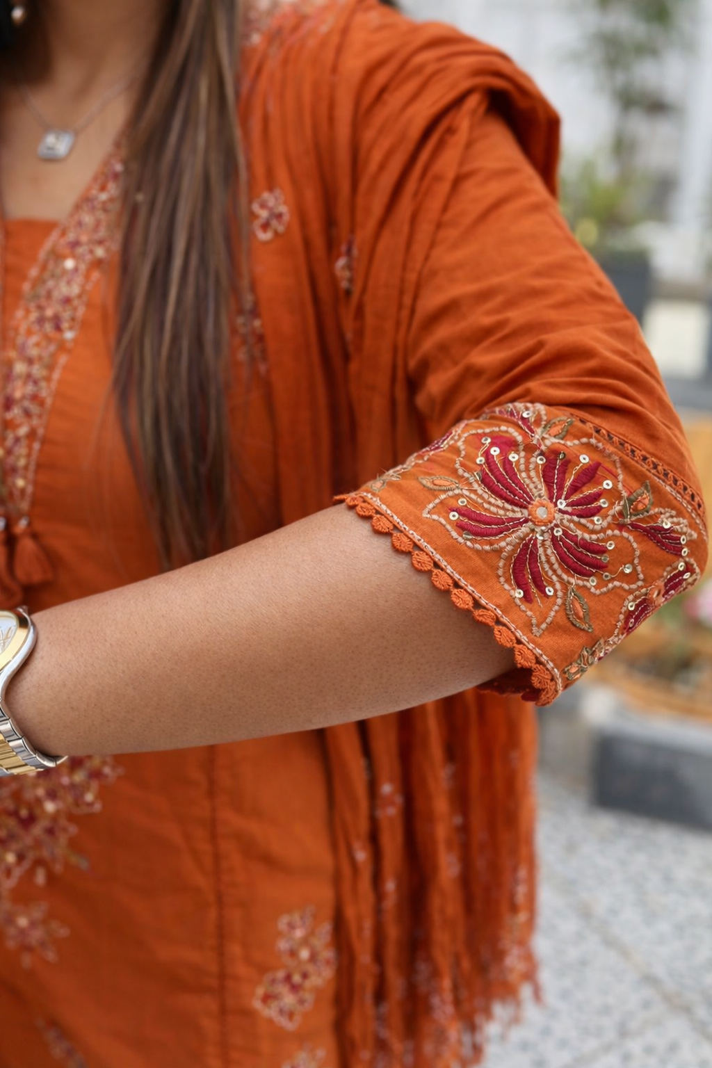 Burnt Orange Embroidered Kurta Set with Dupatta