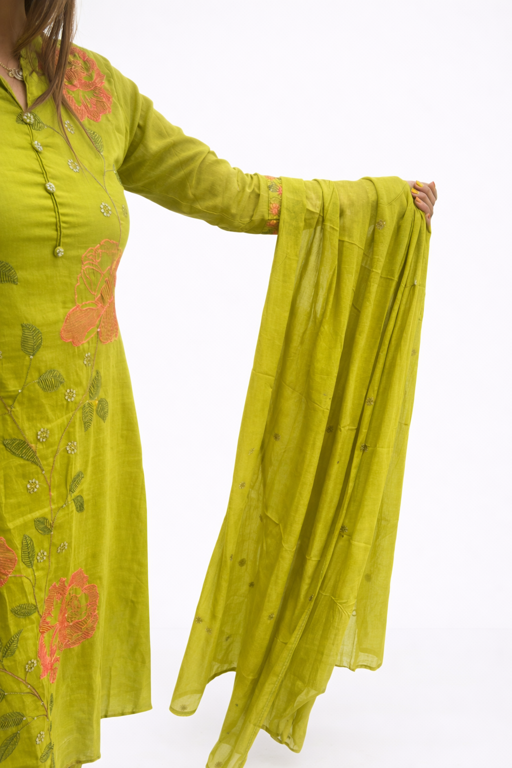 Lime Green Floral Suit Set with Dupatta