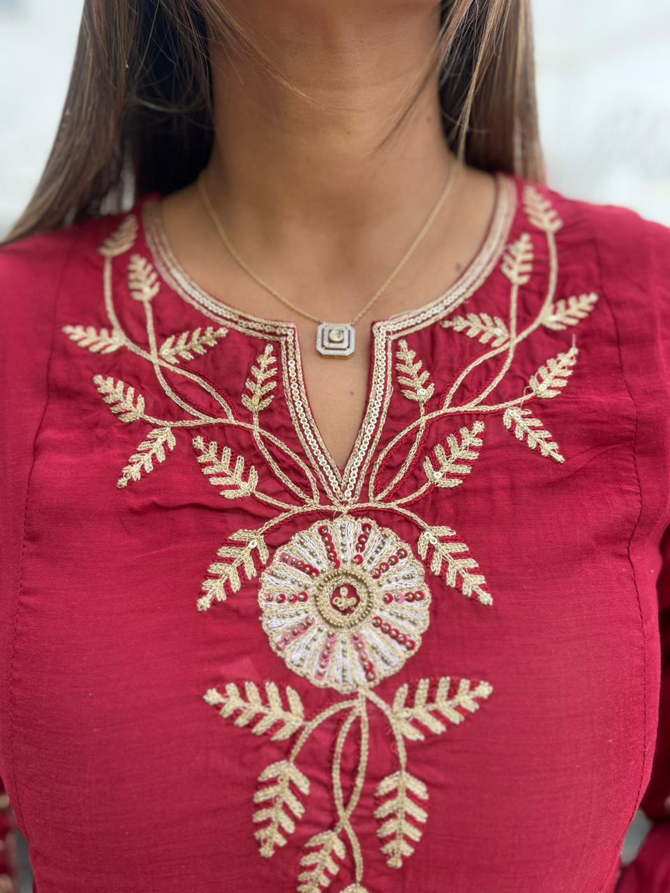 Wine Red Embroidered Anarkali Suit Set