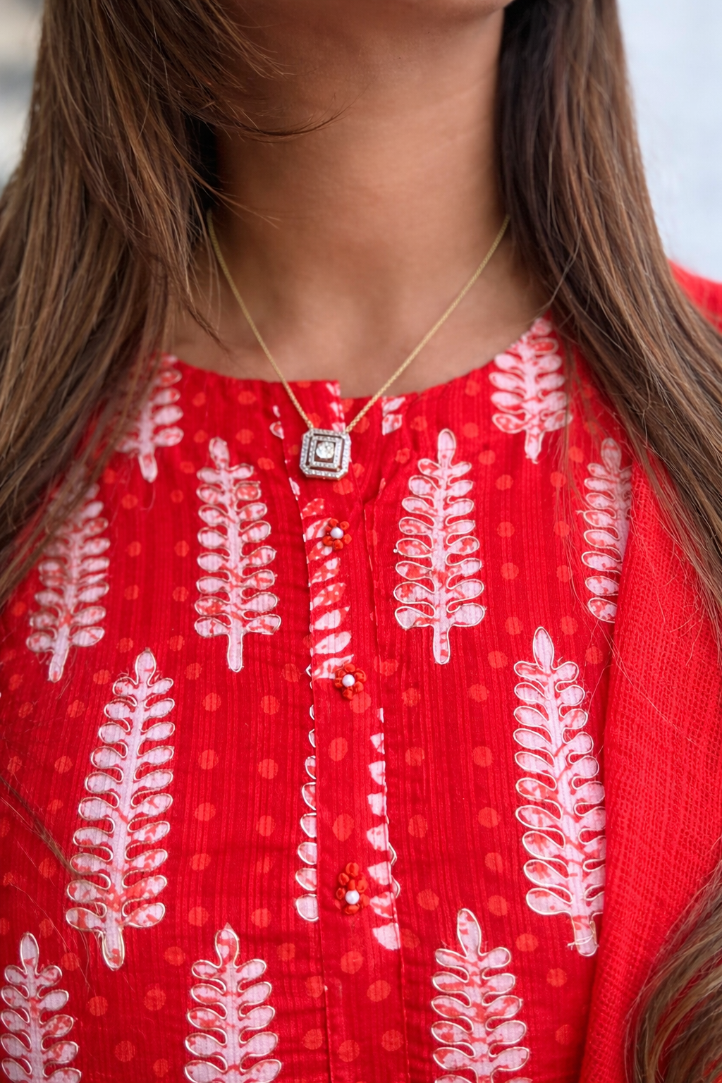 Classic Red Printed Suit Set with Dupatta