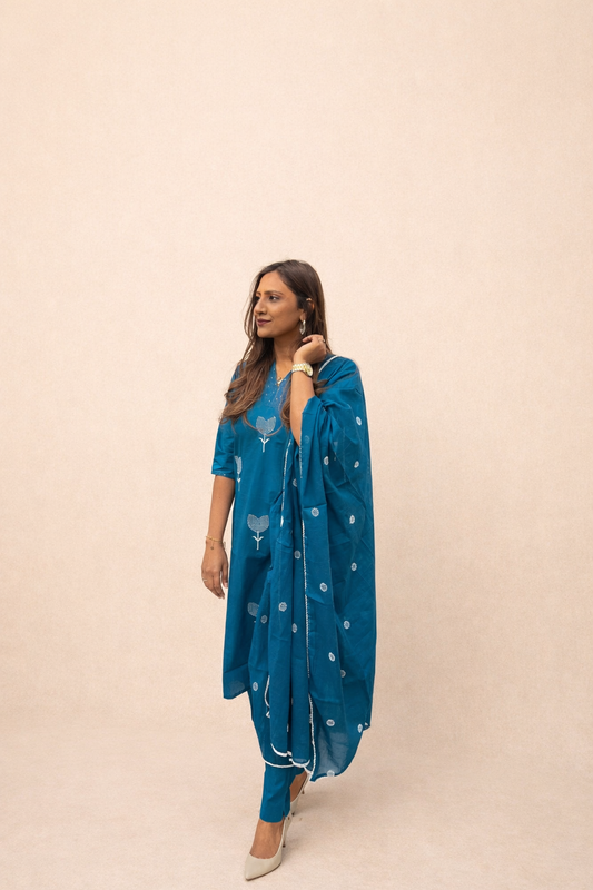 Teal Blue Cotton Suit Set with White Tulip Motifs & Lace Detail