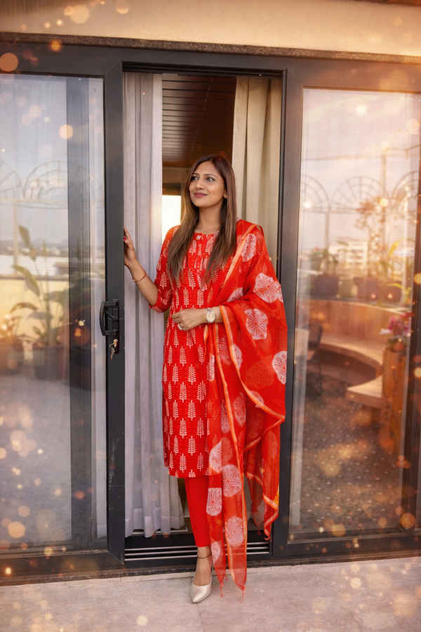 Classic Red Printed Suit Set with Dupatta