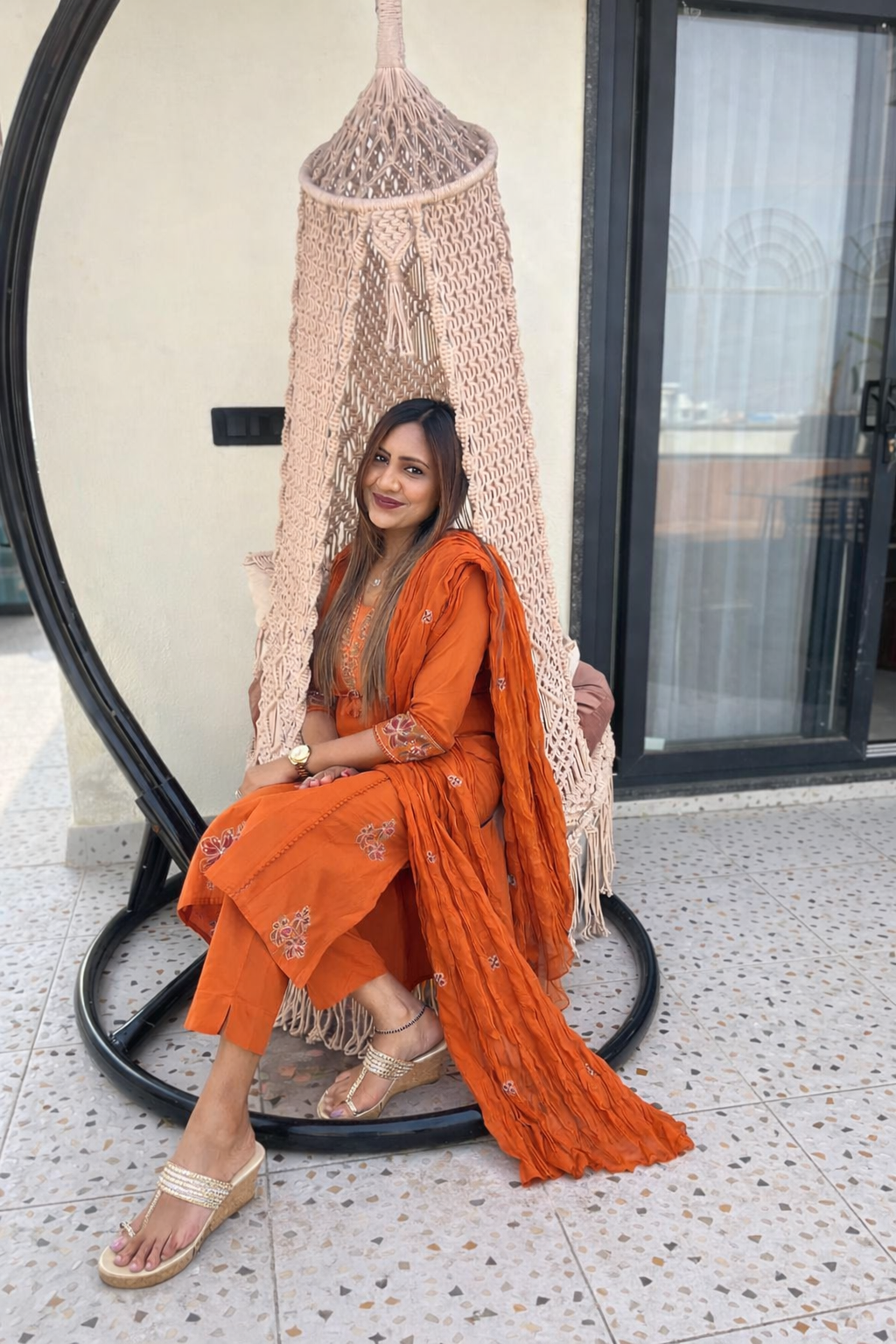 Burnt Orange Embroidered Kurta Set with Dupatta