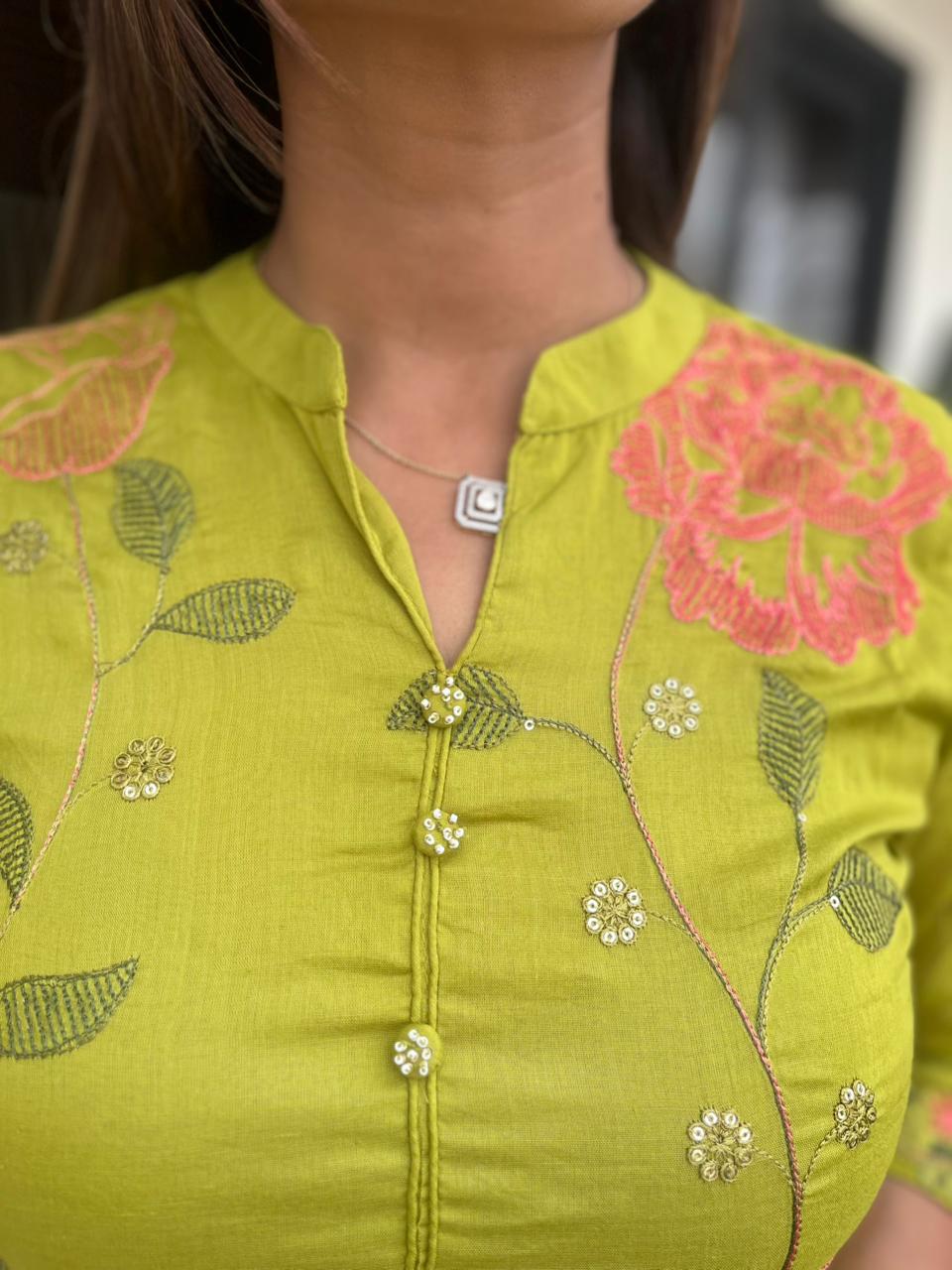 Lime Green Floral Suit Set with Dupatta