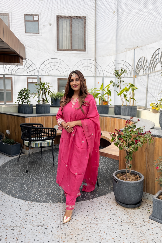 Rani Pink Festive Kurta Set with Dupatta