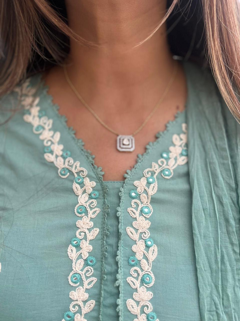 Sea Green Embroidered Cotton Suit Set with Dupatta