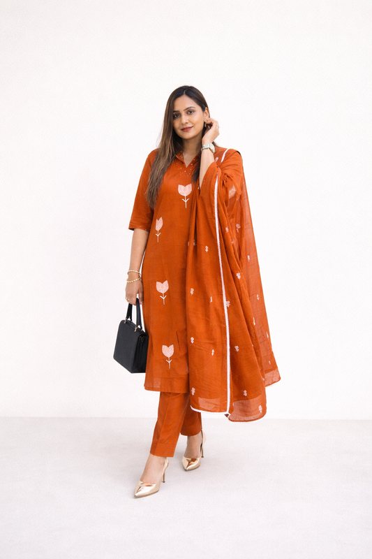 Rust Orange Cotton Kurta Set with Dupatta